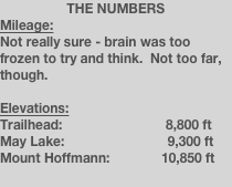 THE NUMBERS
Mileage:
Not really sure - brain was too frozen to try and think.  Not too far, though.

Elevations:
Trailhead:                            8,800 ft
May Lake:                            9,300 ft
Mount Hoffmann:              10,850 ft
    